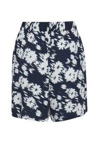 Shorts à motif floral bleu marine et blanc avec une taille élastique, en tissu léger. Présente une coupe décontractée et des poches latérales.