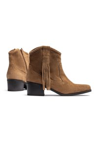 Botines de ante marrón con tacón grueso, con un detalle de flecos y cremallera lateral. El diseño incluye una punta puntiaguda y costuras decorativas.