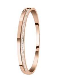 Roze gouden armbandring met een slank ontwerp, een gladde oppervlakte en een rij kleine heldere edelstenen die in het midden zijn ingelegd.