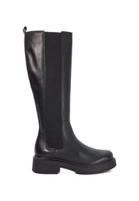 Black knee-high boots featuring a smooth leather finish with elastic side panels, a rounded toe, and a chunky rubber sole.