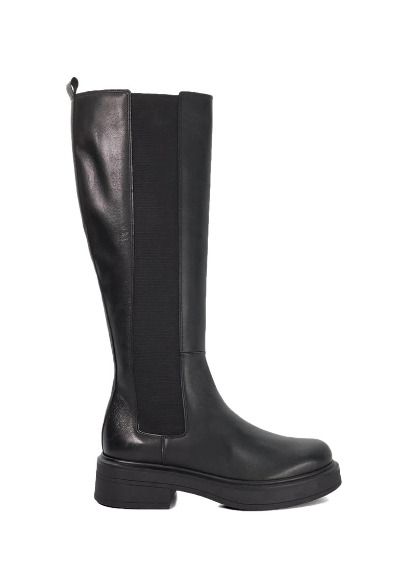Black knee-high boots featuring a smooth leather finish with elastic side panels, a rounded toe, and a chunky rubber sole.