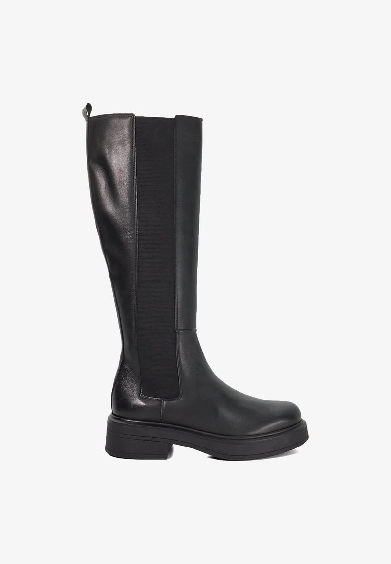Black knee-high boots featuring a smooth leather finish with elastic side panels, a rounded toe, and a chunky rubber sole.