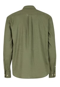 Langsleeve shirt in olijfgroen, gemaakt van gestructureerde stof. Beschikt over een klassieke kraag en knopenmanchetten, met een rugplooi voor extra bewegingsvrijheid.