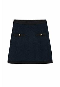 Marinblå minikjol gjord av texturerad tyg, med svart midjeband, två framfickor med guldknappar och rak skärning.