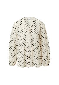 Cremefarbige Bluse mit schwarzen Punkten, langen, voluminösen Ärmeln, einem V-Ausschnitt und einem gerafften Vorderteil. Leichtes, leicht durchsichtiges Material.