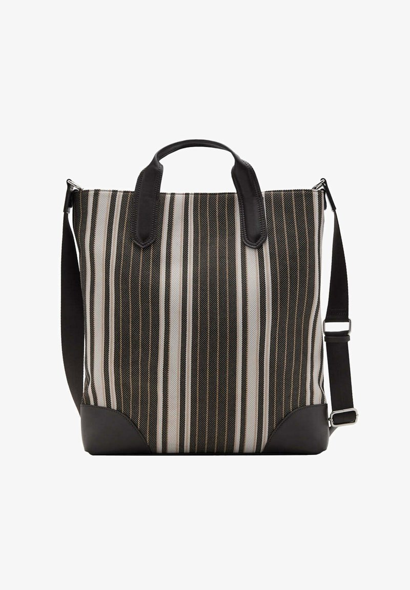 Sac cabas rayé vertical noir, blanc et marron avec poignées en cuir noir, accents aux coins et bandoulière ajustable.