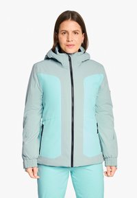 Helle graue und türkisfarbene Winterjacke mit Kapuze, ausgestattet mit einem Reißverschluss vorne, elastischen Bündchen und Seitentaschen. Glatte Stoffstruktur.