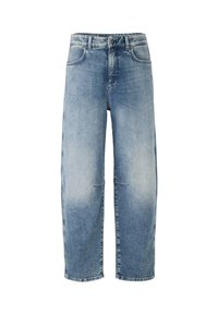 Light blue denim jeans with a relaxed fit, featuring a high waist, straight legs, and subtle fading. Includes five pockets and belt loops.