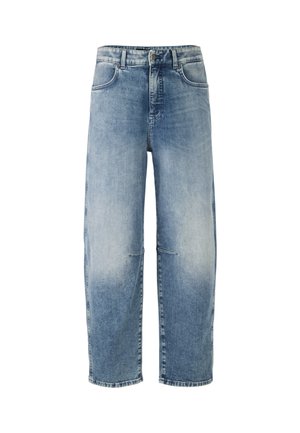 Hellblaue Jeans aus Denim mit lockerer Passform, hohem Bund, geraden Beinen und dezenten Ausbleichungen. Beinhaltet fünf Taschen und Gürtelschlaufen.