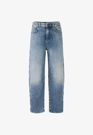 Hellblaue Jeans aus Denim mit lockerer Passform, hohem Bund, geraden Beinen und dezenten Ausbleichungen. Beinhaltet fünf Taschen und Gürtelschlaufen.