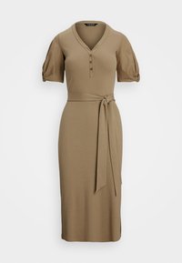 Abito khaki con scollatura a V e maniche a palloncino corte, dotato di tre bottoni e vita con cintura. Realizzato in tessuto morbido e elasticizzato.