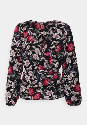 Black floral blouse with long sleeves, wrap design, featuring red, pink, and white flowers with green leaves on a textured fabric.