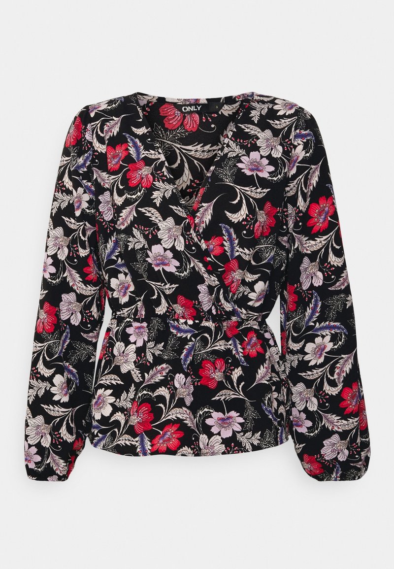 Zwarte bloes met lange mouwen, met een wikkelontwerp, voorzien van rode, roze en witte bloemen met groene bladeren op een textuurstof.