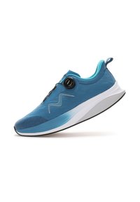 Chaussure de course bleue avec une tige texturée, un design sans couture et une semelle en caoutchouc. Dispose d'un système de fermeture à molette et d'accents contrastants en bleu clair.