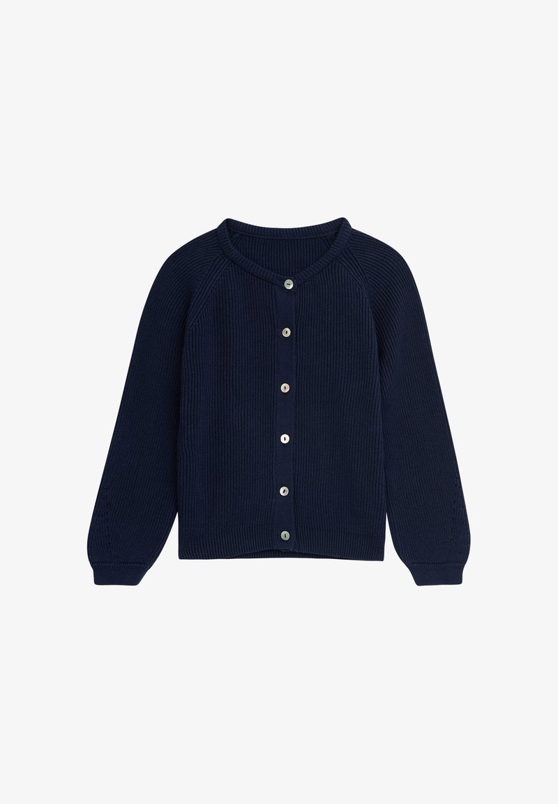 Navy Strickjacke mit Rundhalsausschnitt, geripptem Textur und langen Ärmeln. Verfügt über frontale Knöpfe und ein leichtes Tragegefühl.