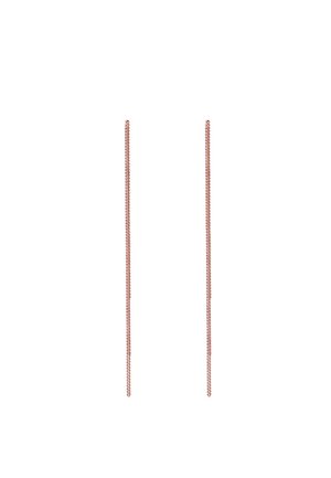 Cercei din metal roz aurit, alcătuiți dintr-un design lung și subțire de lanț, având o textură netedă și un stil minimalist, fără accente suplimentare.