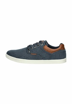 Denim sneakers with a dark blue fabric upper, brown leather accents at the heel, white rubber sole, and standard lace-up design.