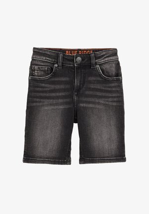 Schwarze gewaschene Denim-Shorts mit Fronttaschen, Gürtelschlaufen und Knopfverschluss, im Bund innen mit Blue Ridge beschriftet.