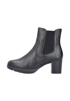 Black leather ankle boot with a textured elastic side panel, rounded toe, and a block heel. Smooth surface with a slight sheen.