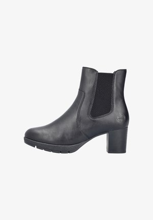 Black leather ankle boot with a textured elastic side panel, rounded toe, and a block heel. Smooth surface with a slight sheen.