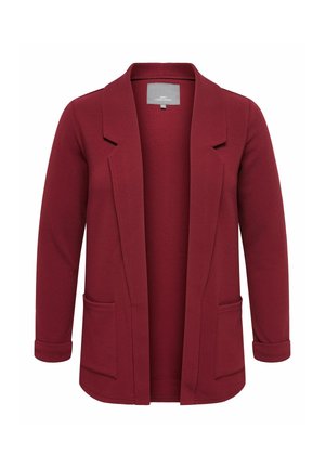 Langærmet bordeaux blazer med åben front, reverskrave og to forlommer, vist på hvid baggrund.