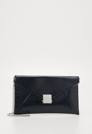 Black faux leather envelope clutch with embossed crocodile texture, silver square hardware, and detachable chain strap.