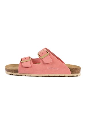 Sandales en suede rose avec deux brides réglables et boucles en ton doré, dotées d'un semelle en liège et d'une semelle extérieure en caoutchouc beige.