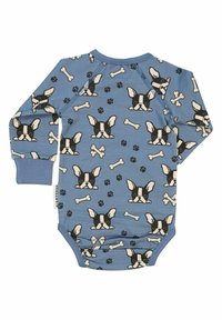 Ljusblå långärmad bodysuit med ett mönster av svarta och vita franska bulldoghuvuden, ben och tassavtryck. Mjuk, elastisk tyg.