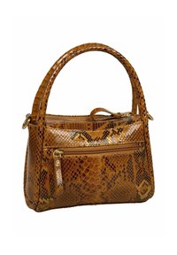 Borsa in pelle sintetica con motivo a pelle di serpente marrone, dotata di un manico corto, tasca frontale con zip e zip in tonalità oro.