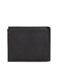 Portafoglio in pelle nera con forma rettangolare, texture liscia e dettagli di cucitura minimi. Design a apertura aperta per un facile accesso.