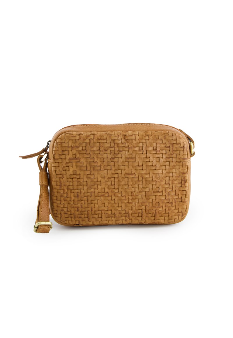Tan woven leather bag with a rectangular shape, featuring a textured pattern, zip closure, and a detachable wrist strap.