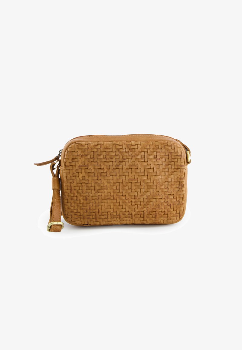 Tan woven leather bag with a rectangular shape, featuring a textured pattern, zip closure, and a detachable wrist strap.