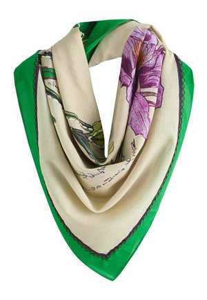 Négyzet alakú sál zöld szegéllyel, bézs középpel, lila virág- és levélábrázolásokkal, valamint díszes varrott szegéllyel.