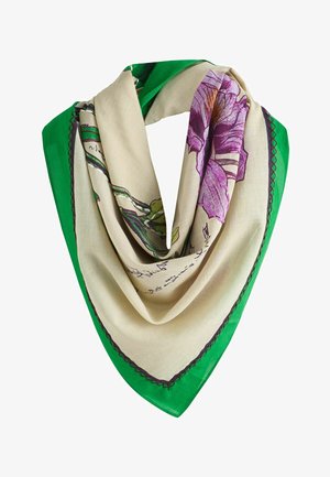 Sciarpa quadrata con bordo verde, centro beige, illustrazioni di fiori e foglie viola, e bordo decorativo cucito.