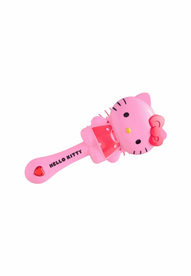 Hello Kitty hårborste, rosa plast, med Hello Kitty-design som har en röd rosett, svarta ränder och ett hjärtaccent nära handtaget.