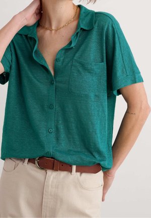 Persona con camisa azul verdosa de manga corta abotonada, pantalones beige con cinturón marrón, collar de cadena dorada, mano izquierda tocando el cuello.