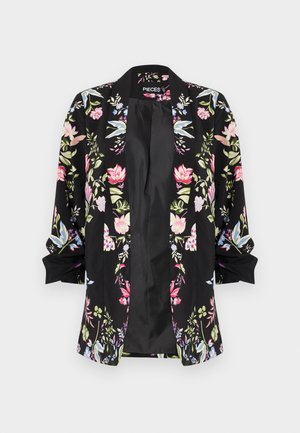 Čierny kvetinový kimono kabát s krátkymi rukávmi, zdobený farebnými kvetinovými vzormi, s voľným strihom a otvoreným predným dizajnom.