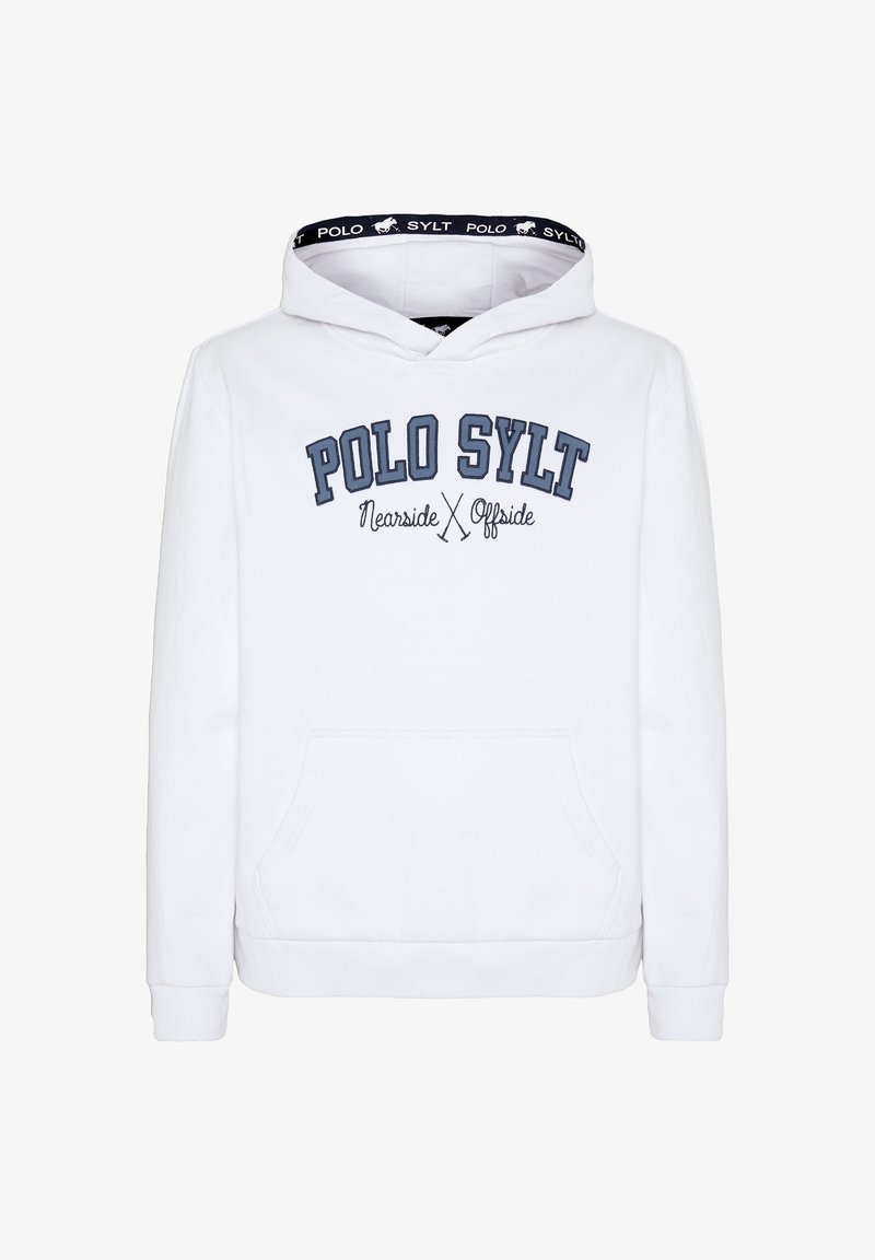 White hooded sweatshirt with a front pocket, featuring navy blue text "POLO SYLT" and "Nearside Offside" printed. Soft fabric and ribbed cuffs.