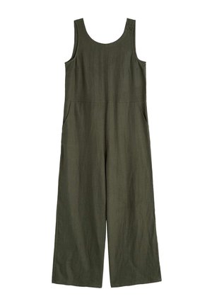 Mono de lino verde oscuro con piernas anchas, escote redondo y dos bolsillos laterales. Presenta detalles de botones en las tiras de los hombros.