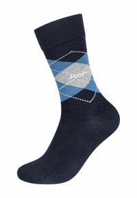 Marineblå bomuldsstrømpe med et argyle-mønster i blå og grå diamanter, en solid ribbet kant og en hvid logodetalje.