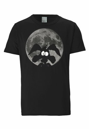 Maglietta in cotone nera con un personaggio dei cartoni animati dagli orecchi lunghi e dagli occhi grandi, raffigurato su un grande grafico della luna grigia.