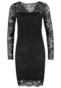 Robe noire longueur genou avec manches longues en dentelle, motif floral en dentelle sur toute la surface, et ourlet en dentelle festonnée.