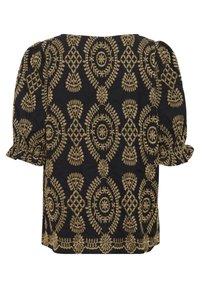 Svart blus med guldblommor och geometriska broderade mönster, med puffärmar och volangkant, tillverkad av ett texturerat tyg.