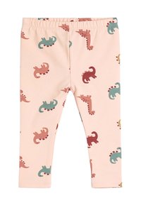 Leggings de color rosa claro para niña pequeña, con cintura elástica, decoradas con estampados dispersos de dinosaurios en rojo, verde azulado y mostaza.
