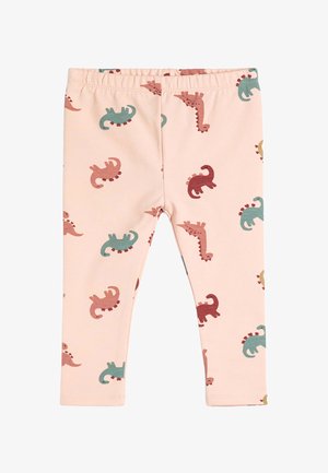 Leggings de color rosa claro para niña pequeña, con cintura elástica, decoradas con estampados dispersos de dinosaurios en rojo, verde azulado y mostaza.