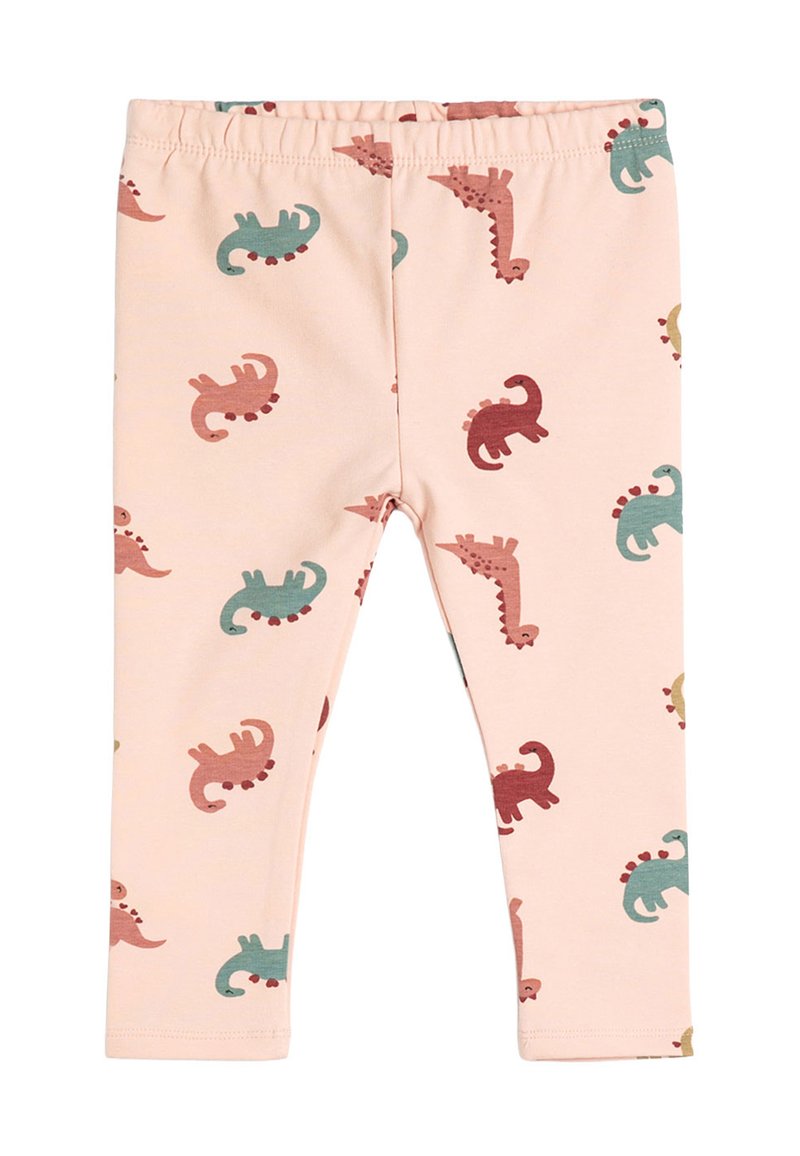 Leggings de color rosa claro para niña pequeña, con cintura elástica, decoradas con estampados dispersos de dinosaurios en rojo, verde azulado y mostaza.
