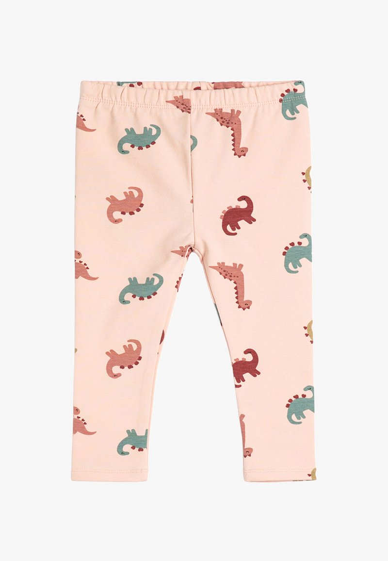 Leggings de color rosa claro para niña pequeña, con cintura elástica, decoradas con estampados dispersos de dinosaurios en rojo, verde azulado y mostaza.