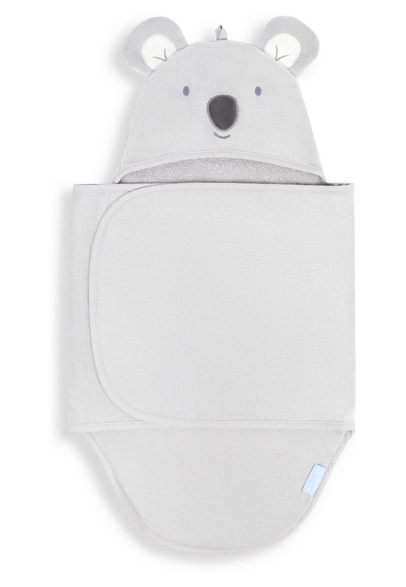 Toalla para bebé gris con diseño de oso, que incluye capucha, orejas redondeadas, cara bordada y tela texturizada. Incluye un pliegue lateral para un uso fácil.