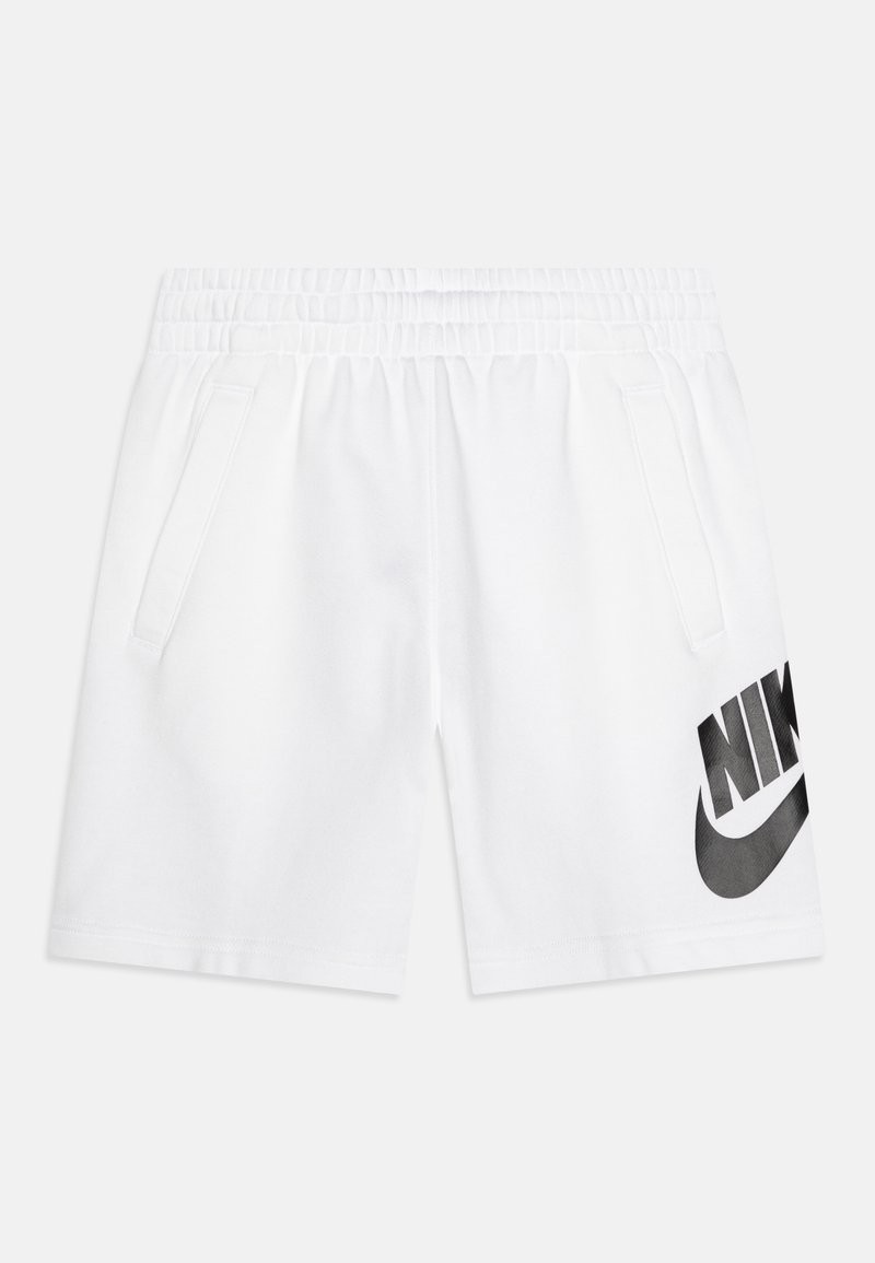 Calções brancos da Nike feitos de tecido suave, com uma cintura elástica, dois bolsos laterais e um grande logótipo preto do lado esquerdo.