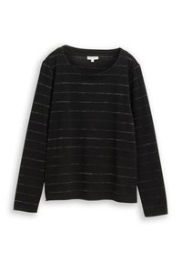 Schwarzes Langarm-Oberteil mit horizontalen silbernen Streifen. Verfügt über einen Rundhalsausschnitt und einen weichen, strukturierten Stoff. Gerade geschnittener Stil.